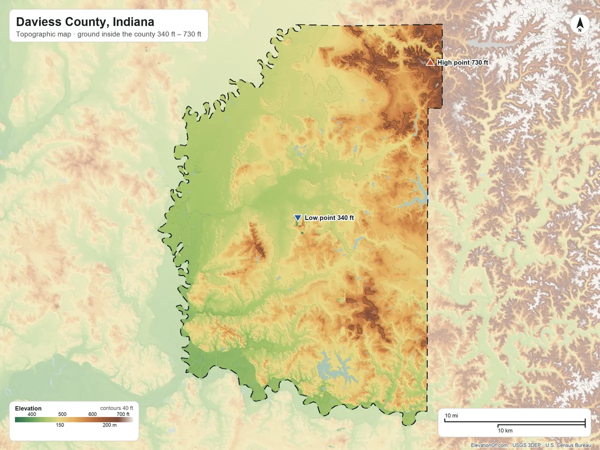 Topographic elevation map of Daviess County, Indiana, shaded from 340 ft near the middle to 730 ft on the northeast side