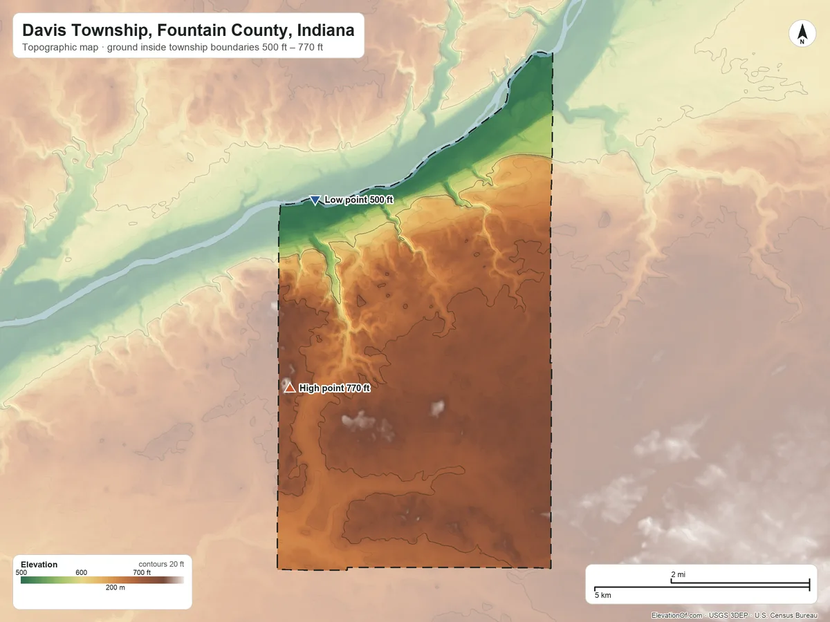 Topographic elevation map of Davis Township, Fountain County, Indiana, shaded from 500 ft on the northwest side to 770 ft on the southwest side
