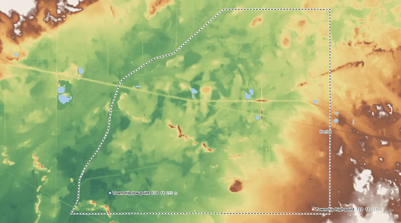Topographic elevation map of Davis Township, Indiana, shaded from 670 ft on the west side to 710 ft on the southeast side