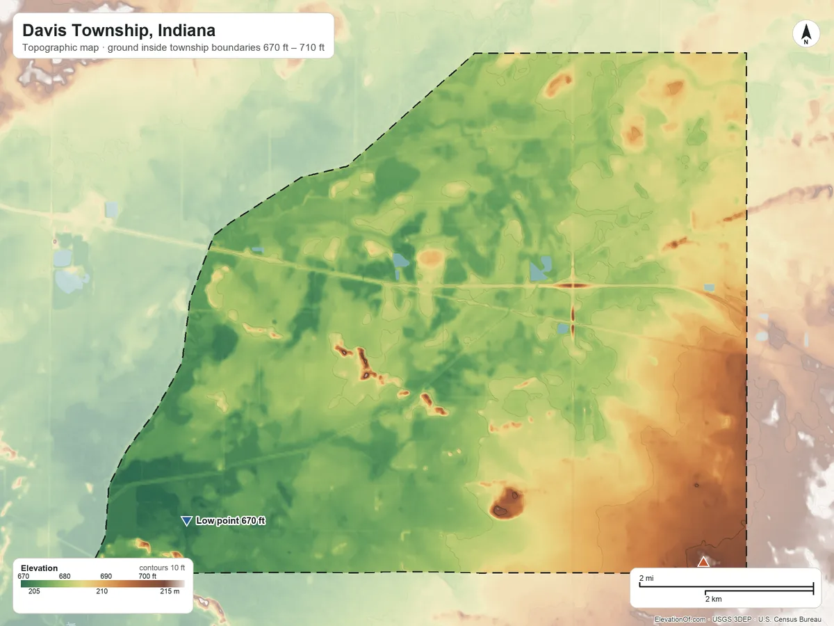 Topographic elevation map of Davis Township, Indiana, shaded from 670 ft on the west side to 710 ft on the southeast side