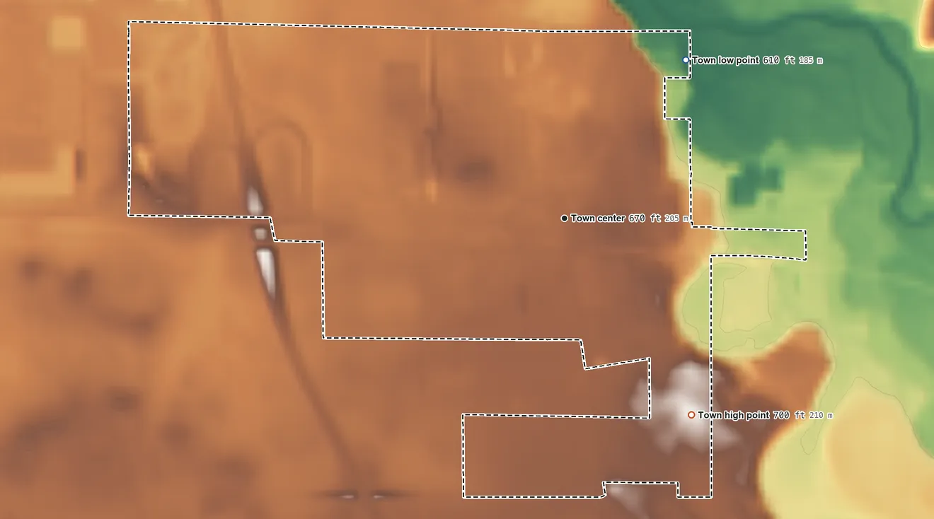 Topographic elevation map of Dayton, Indiana, shaded from 610 ft on the northeast side to 700 ft on the southeast side