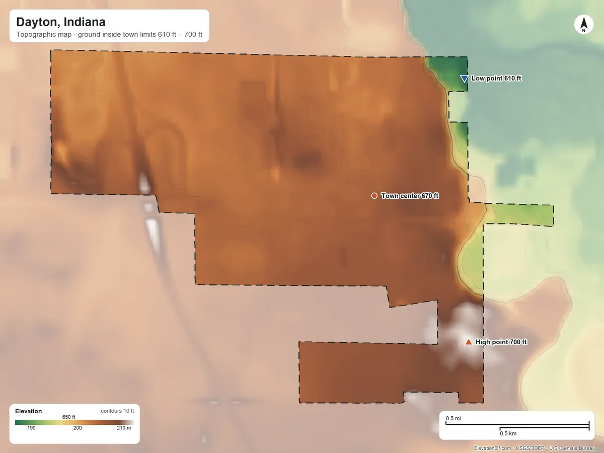 Topographic elevation map of Dayton, Indiana, shaded from 610 ft on the northeast side to 700 ft on the southeast side