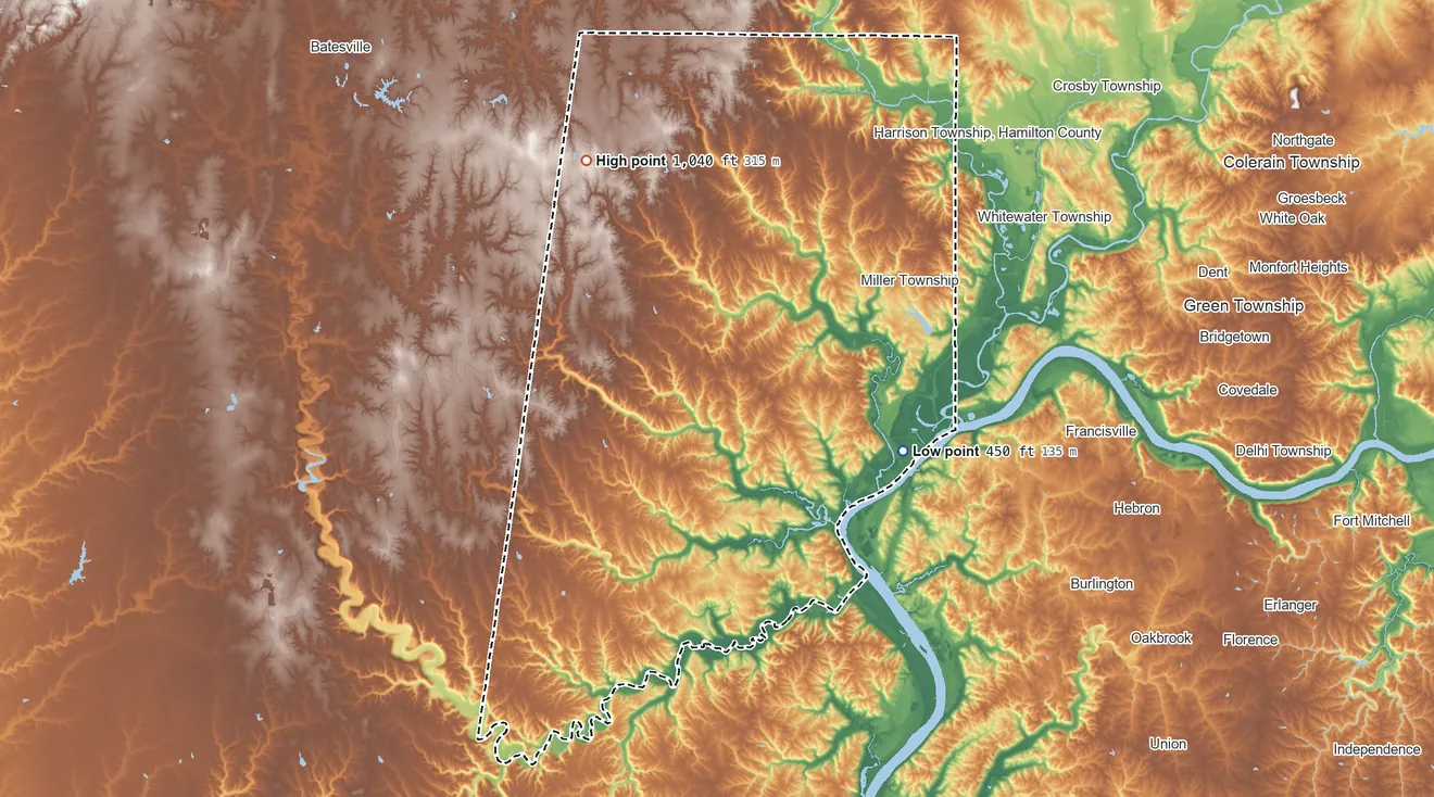 Topographic elevation map of Dearborn County, Indiana, shaded from 450 ft on the east side to 1,040 ft on the northwest side