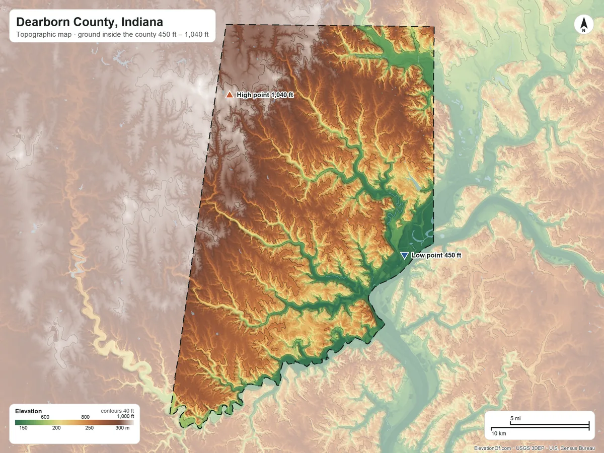 Topographic elevation map of Dearborn County, Indiana, shaded from 450 ft on the east side to 1,040 ft on the northwest side
