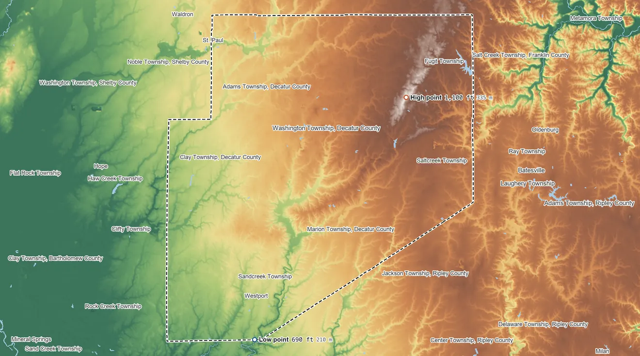 Topographic elevation map of Decatur County, Indiana, shaded from 690 ft on the south side to 1,100 ft on the northeast side