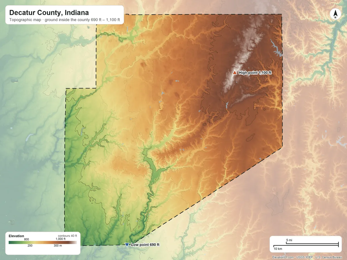 Topographic elevation map of Decatur County, Indiana, shaded from 690 ft on the south side to 1,100 ft on the northeast side