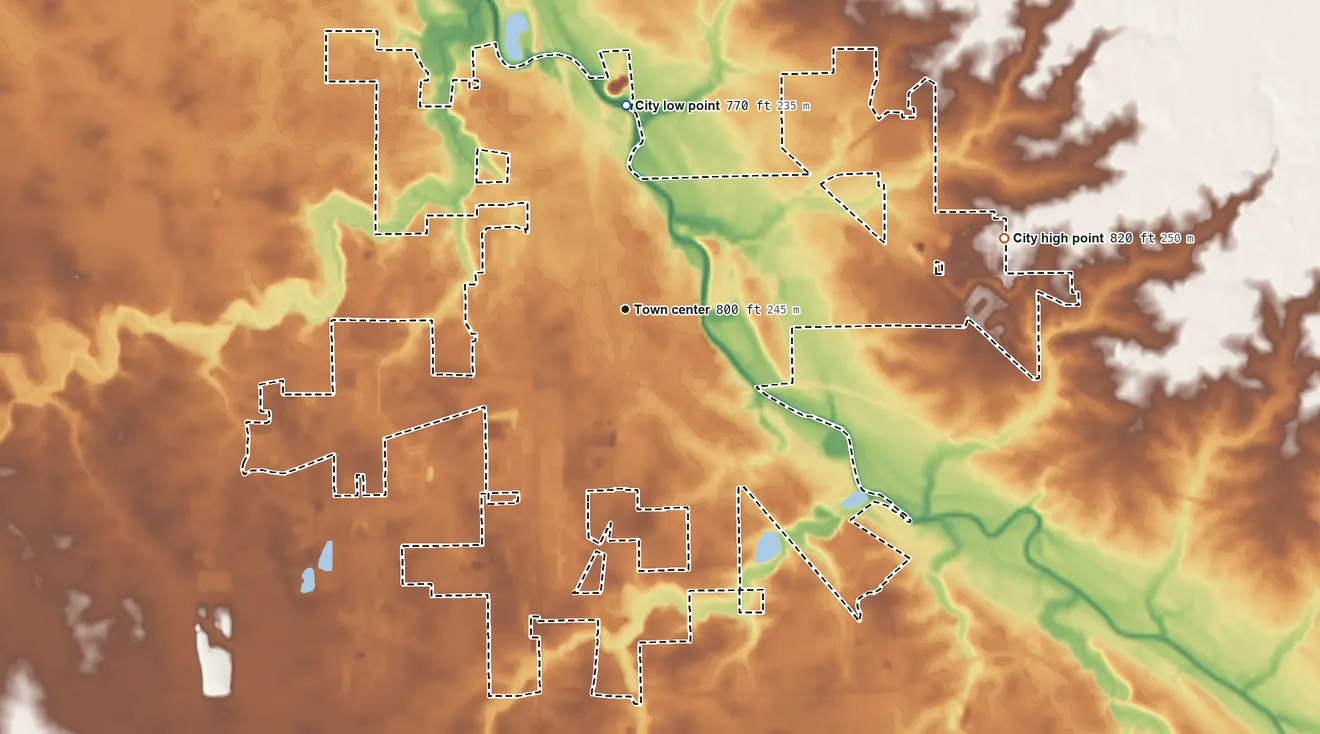 Topographic elevation map of Decatur, Indiana, shaded from 770 ft on the north side to 820 ft on the east side