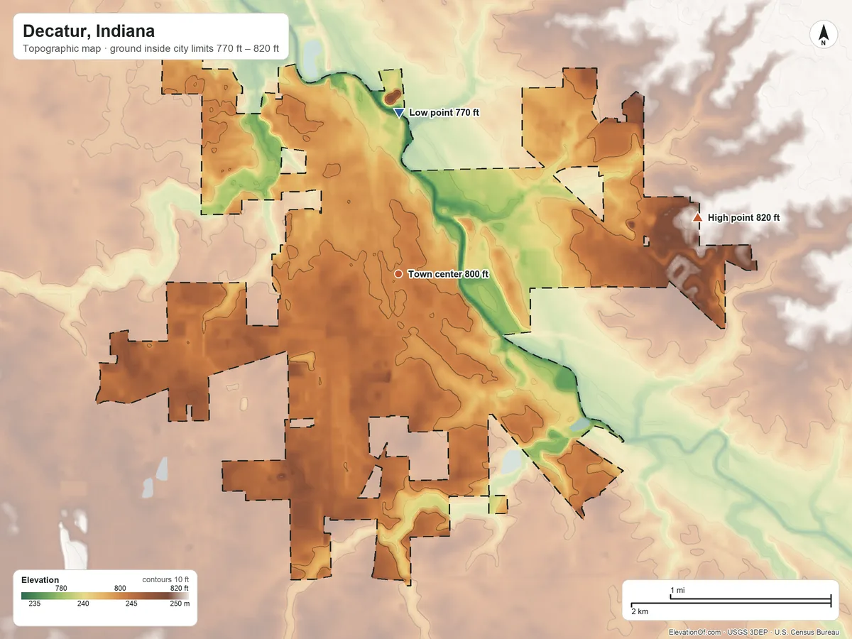 Topographic elevation map of Decatur, Indiana, shaded from 770 ft on the north side to 820 ft on the east side
