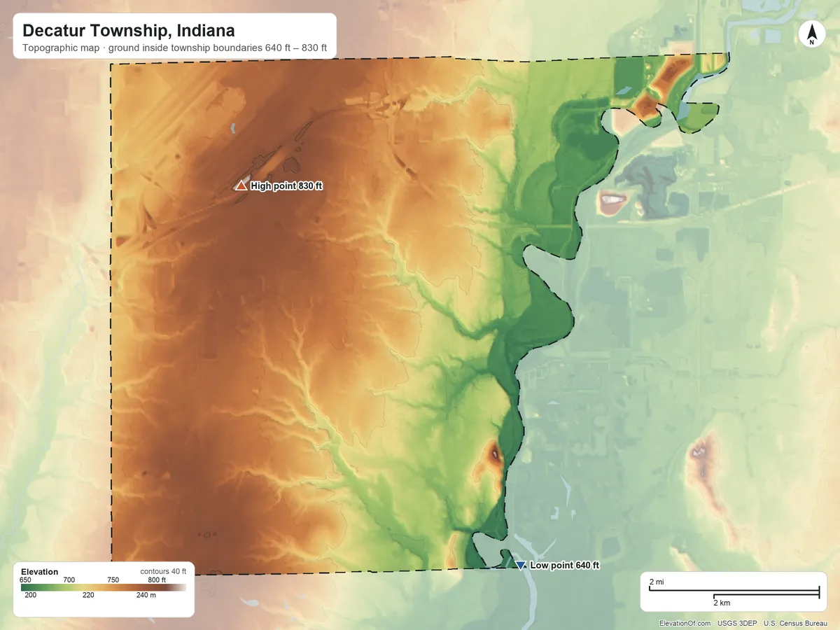 Topographic elevation map of Decatur Township, Indiana, shaded from 640 ft on the southeast side to 830 ft on the northwest side