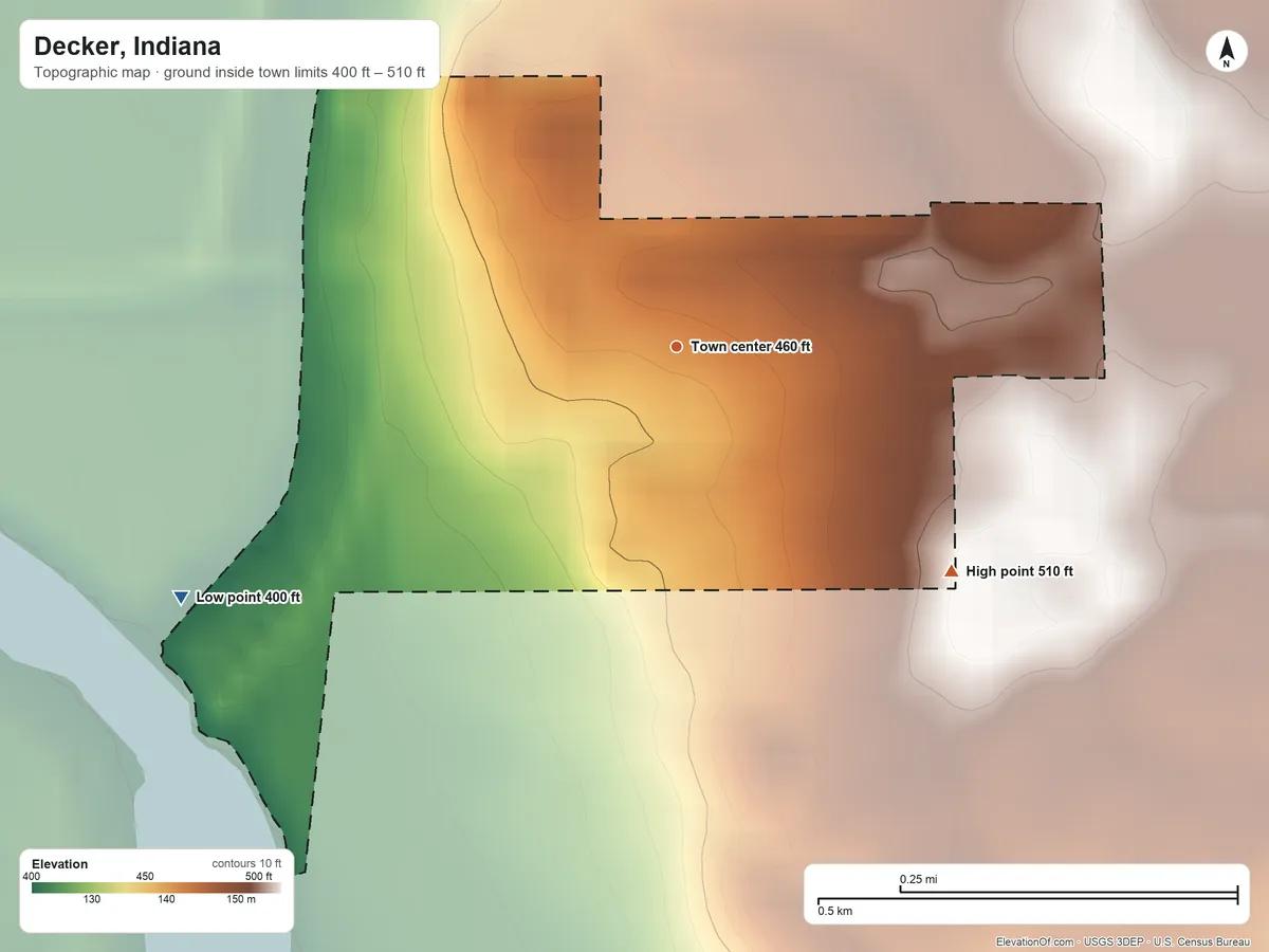 Topographic elevation map of Decker, Indiana, shaded from 400 ft on the southwest side to 510 ft on the southeast side
