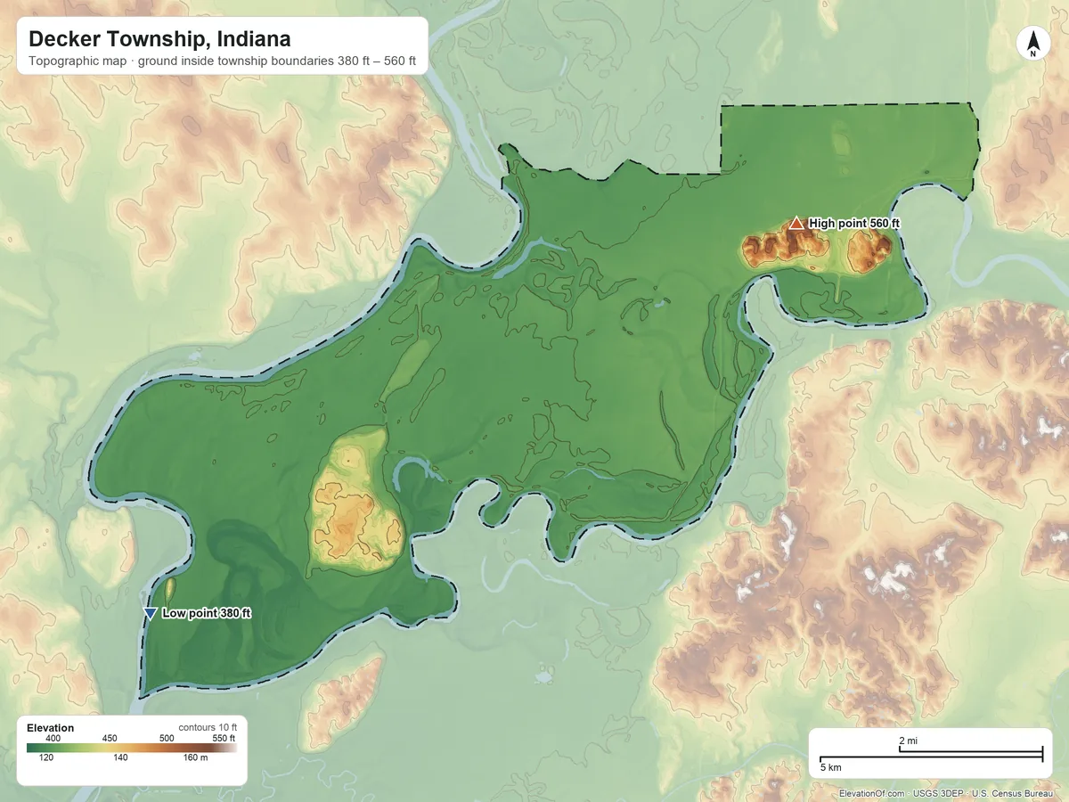 Topographic elevation map of Decker Township, Indiana, shaded from 380 ft on the southwest side to 560 ft on the northeast side