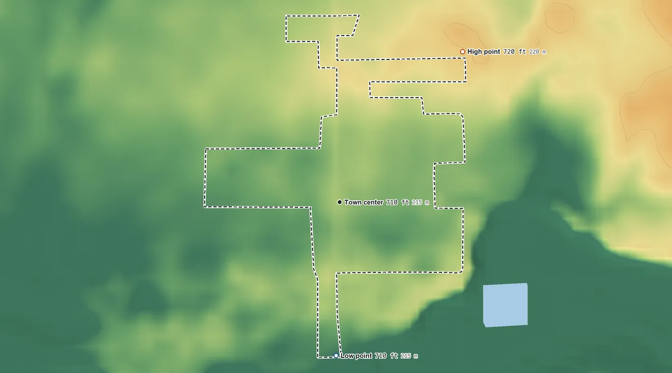 Topographic elevation map of Deer Creek, Indiana, shaded from 710 ft on the south side to 720 ft on the northeast side