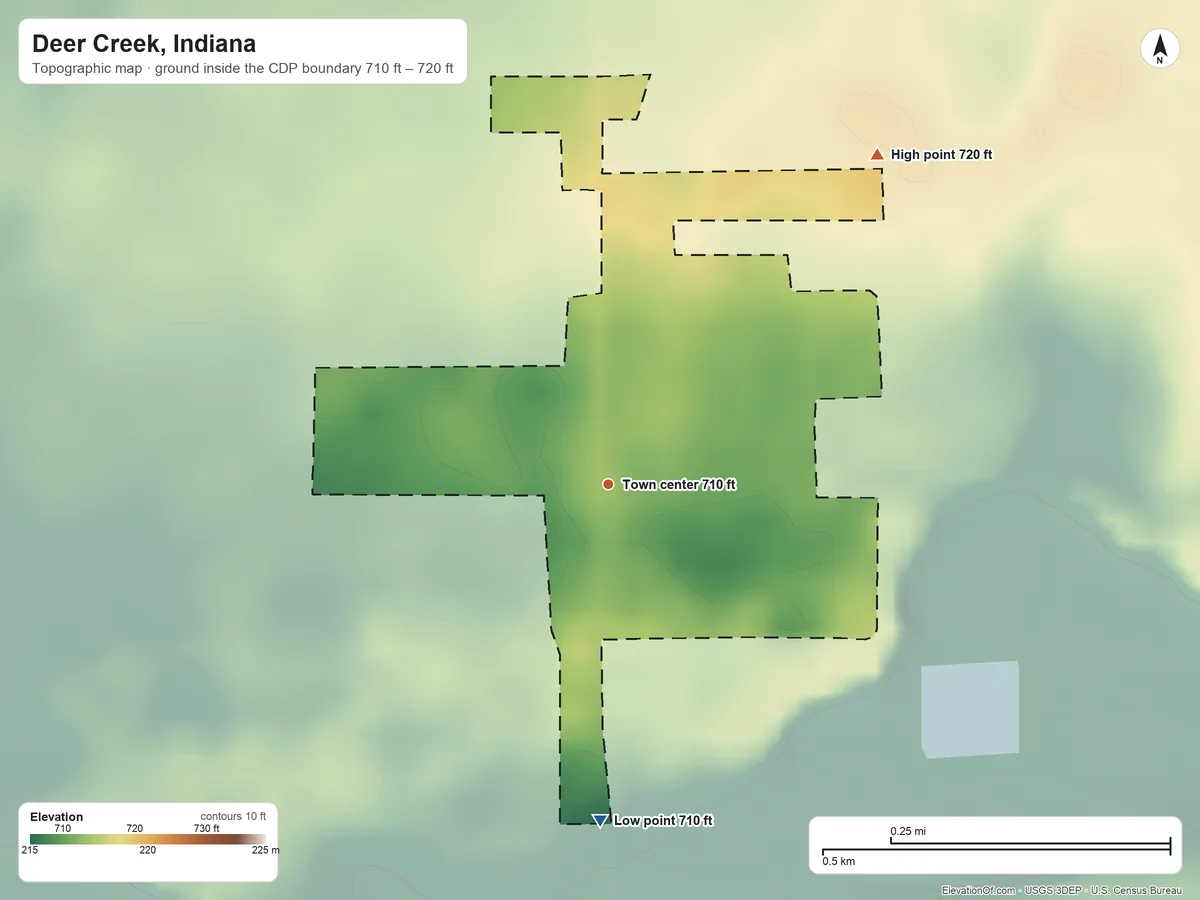Topographic elevation map of Deer Creek, Indiana, shaded from 710 ft on the south side to 720 ft on the northeast side