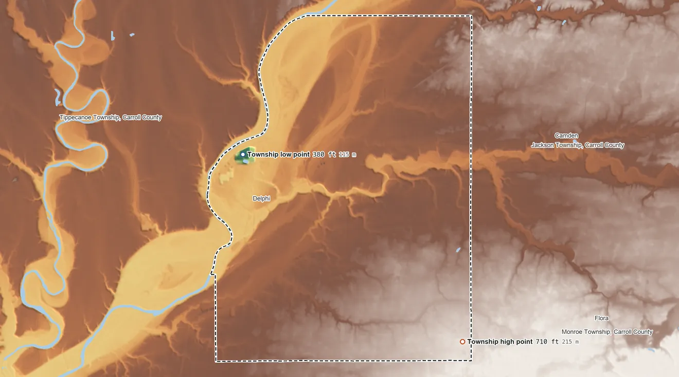 Topographic elevation map of Deer Creek Township, Carroll County, Indiana, shaded from 380 ft on the northwest side to 710 ft on the southeast side