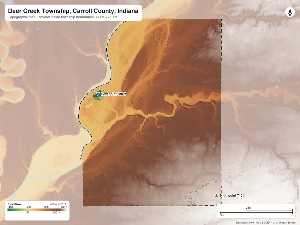 Topographic elevation map of Deer Creek Township, Carroll County, Indiana, shaded from 380 ft on the northwest side to 710 ft on the southeast side