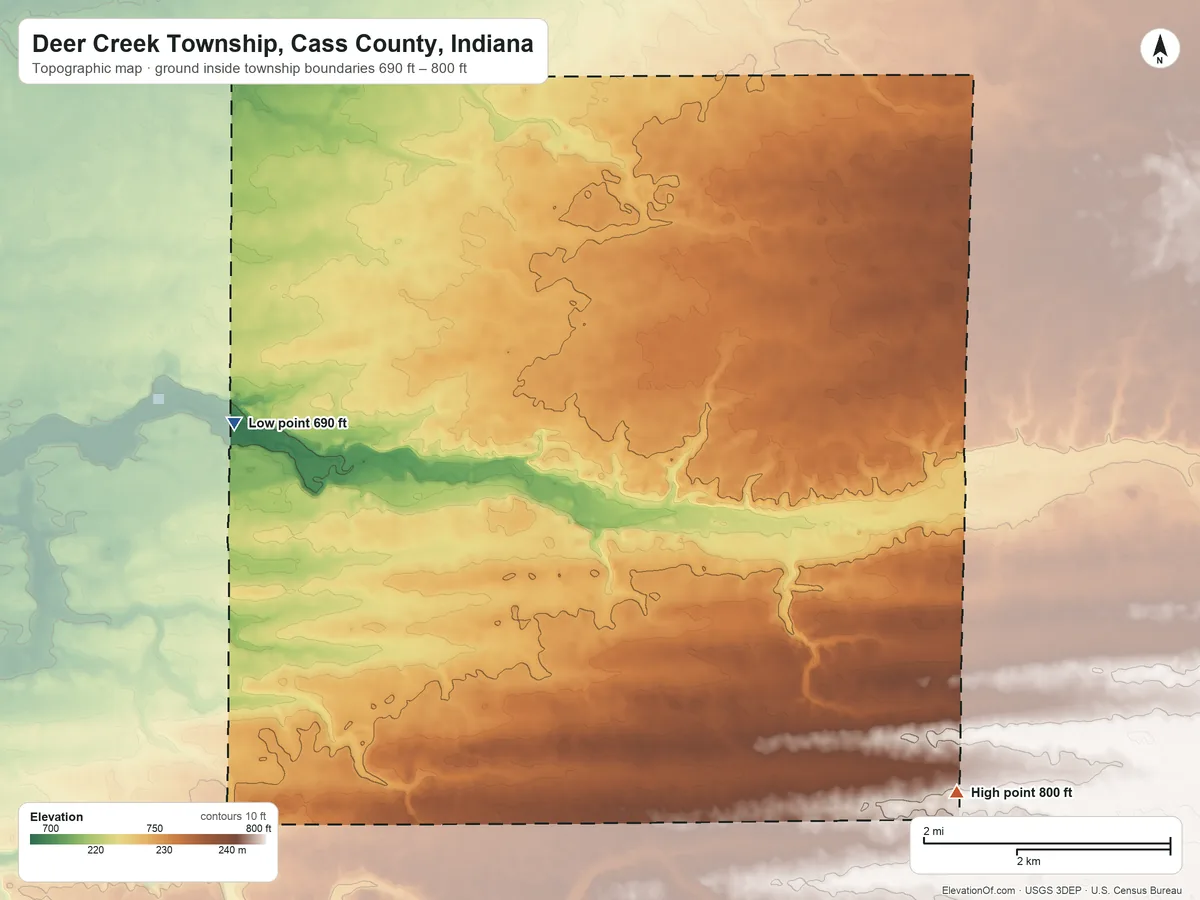 Topographic elevation map of Deer Creek Township, Cass County, Indiana, shaded from 690 ft on the west side to 800 ft on the southeast side