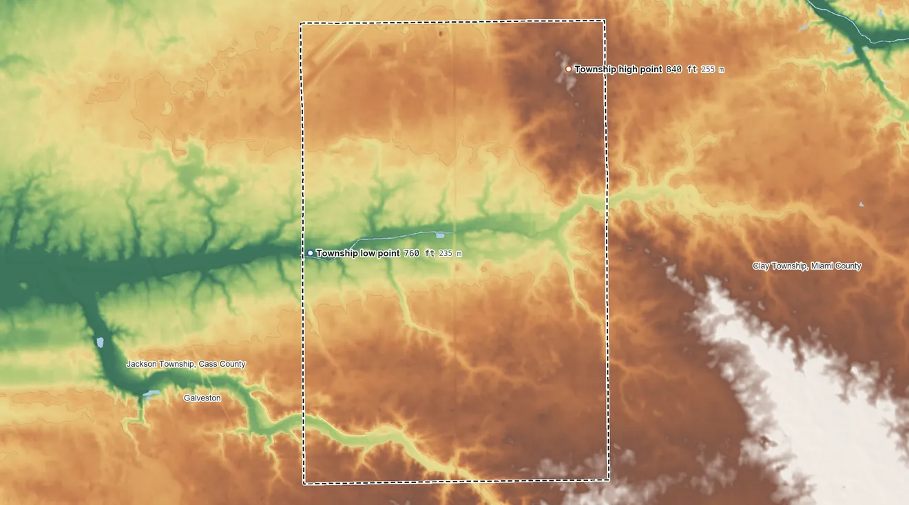 Topographic elevation map of Deer Creek Township, Indiana, shaded from 760 ft on the southwest side to 840 ft on the northeast side