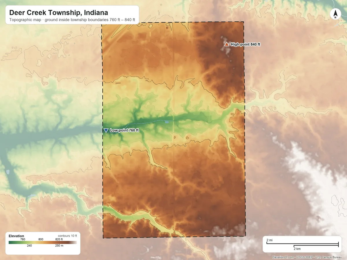 Topographic elevation map of Deer Creek Township, Indiana, shaded from 760 ft on the southwest side to 840 ft on the northeast side