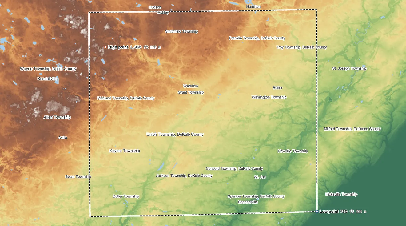 Topographic elevation map of DeKalb County, Indiana, shaded from 760 ft on the southeast side to 1,060 ft on the northwest side