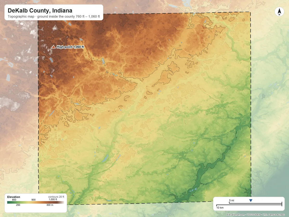 Topographic elevation map of DeKalb County, Indiana, shaded from 760 ft on the southeast side to 1,060 ft on the northwest side