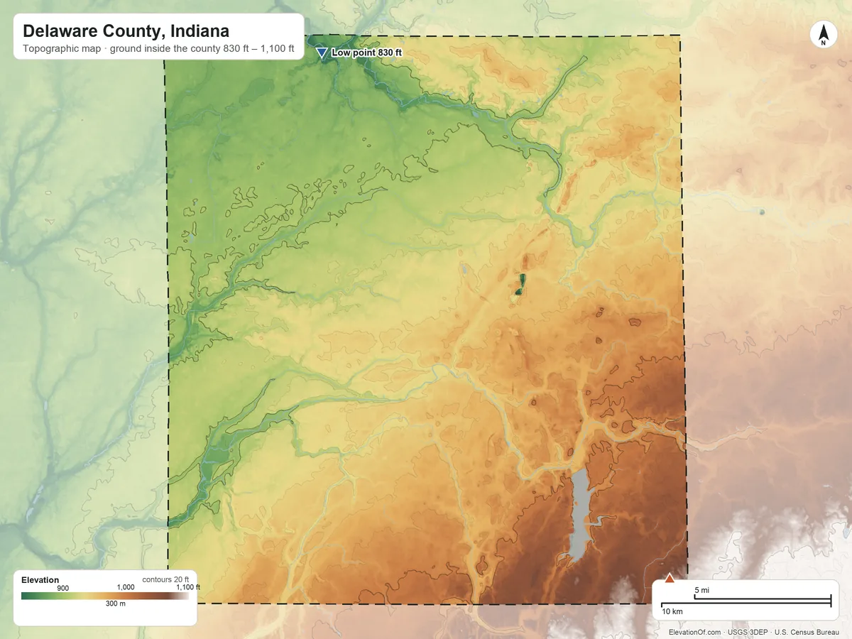 Topographic elevation map of Delaware County, Indiana, shaded from 830 ft on the north side to 1,100 ft on the southeast side