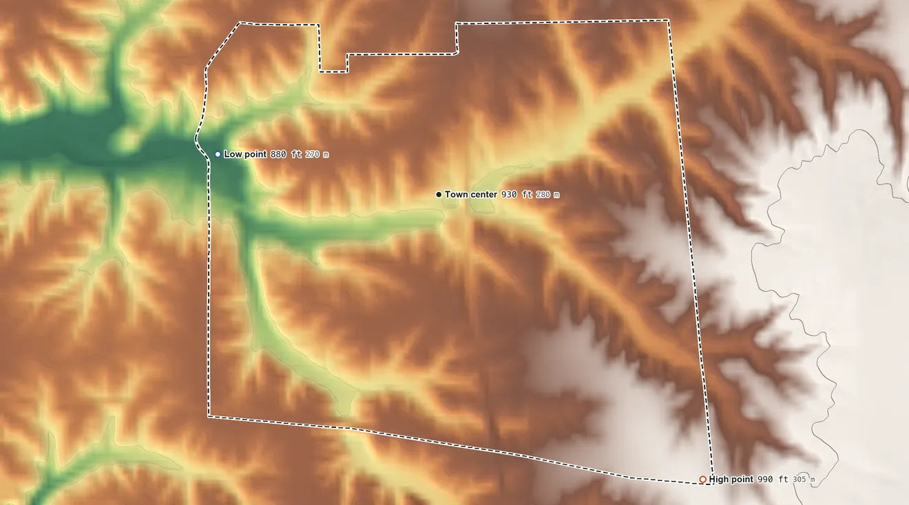 Topographic elevation map of Delaware, Indiana, shaded from 880 ft on the west side to 990 ft on the southeast side