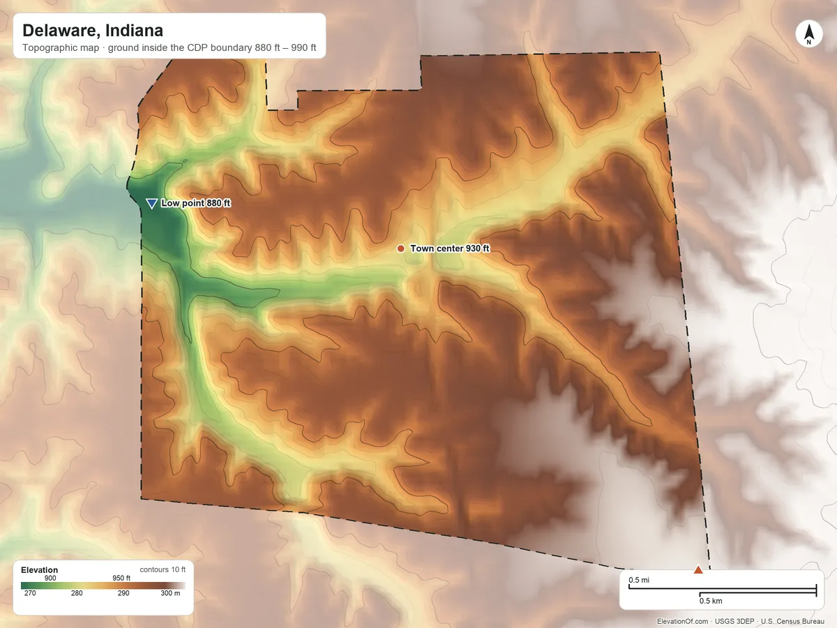 Topographic elevation map of Delaware, Indiana, shaded from 880 ft on the west side to 990 ft on the southeast side