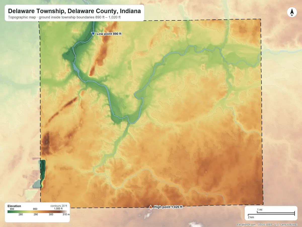 Topographic elevation map of Delaware Township, Delaware County, Indiana, shaded from 890 ft on the northwest side to 1,020 ft on the south side