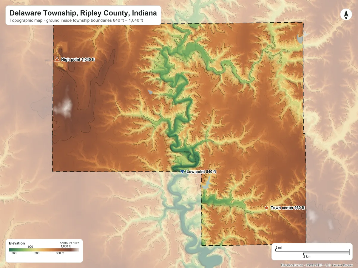 Topographic elevation map of Delaware Township, Ripley County, Indiana, shaded from 840 ft on the northwest side to 1,040 ft on the northwest side