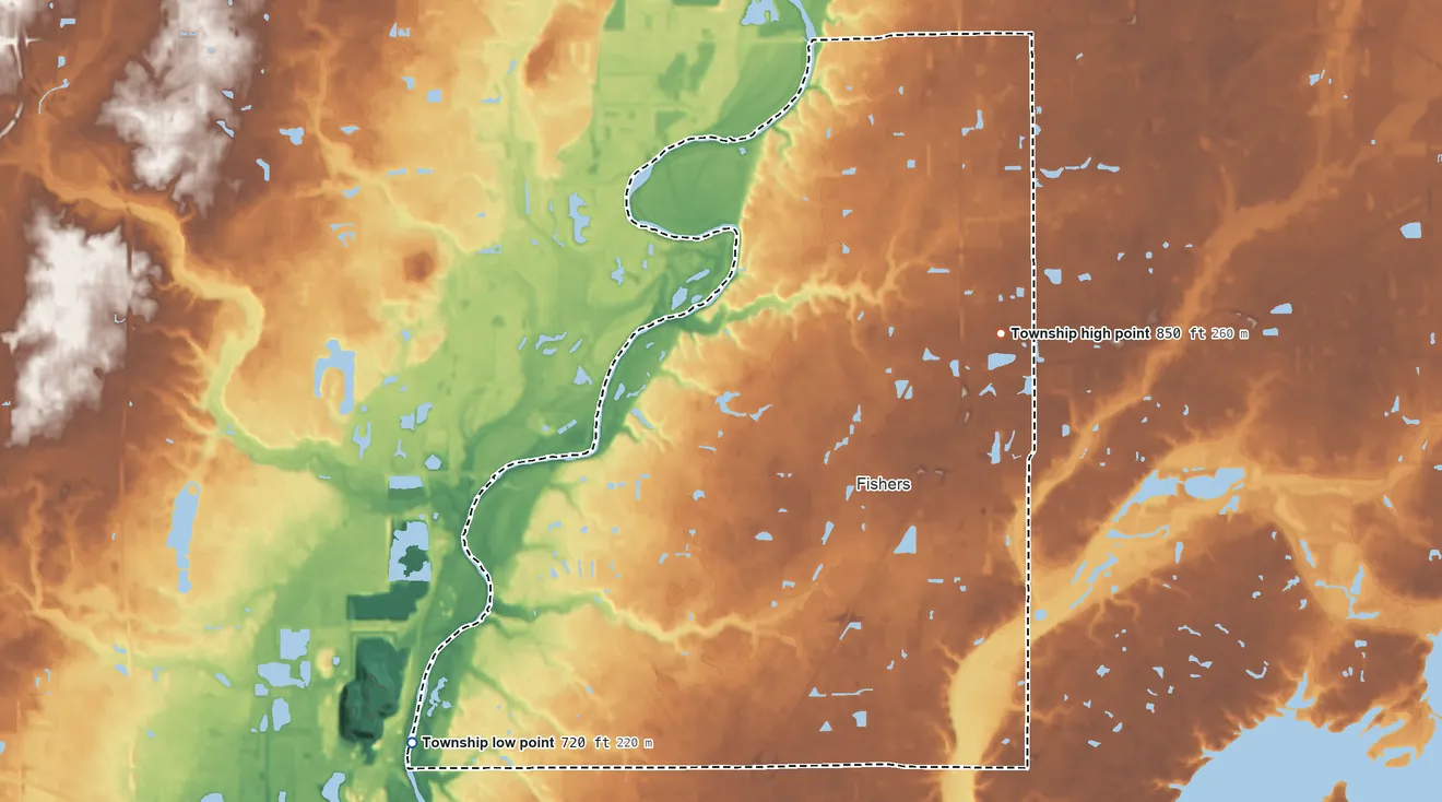 Topographic elevation map of Delaware Township, Indiana, shaded from 720 ft on the southwest side to 850 ft on the northeast side