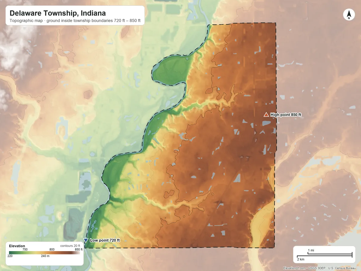 Topographic elevation map of Delaware Township, Indiana, shaded from 720 ft on the southwest side to 850 ft on the northeast side