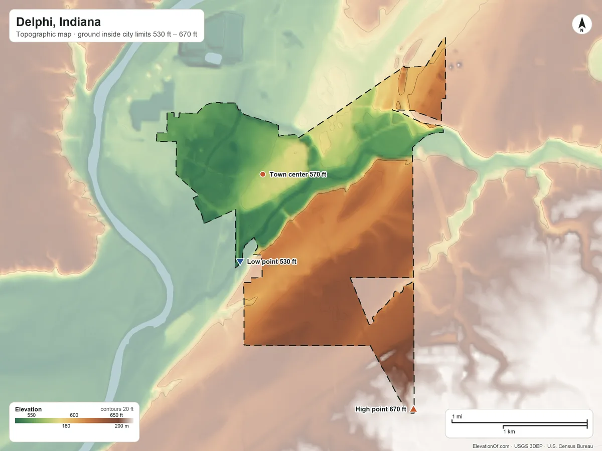 Topographic elevation map of Delphi, Indiana, shaded from 530 ft on the south side to 670 ft on the southeast side