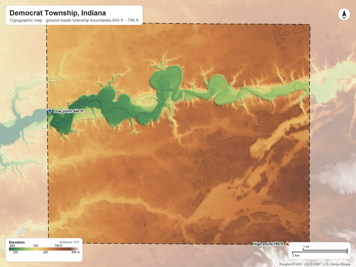 Topographic elevation map of Democrat Township, Indiana, shaded from 640 ft on the west side to 790 ft on the southeast side