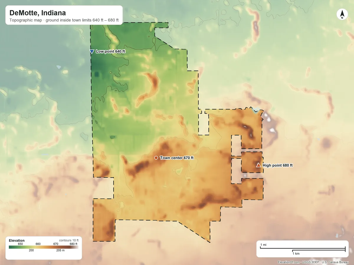 Topographic elevation map of DeMotte, Indiana, shaded from 640 ft on the northwest side to 680 ft on the east side