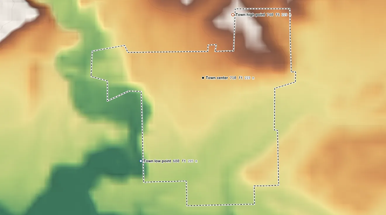 Topographic elevation map of Denver, Indiana, shaded from 680 ft on the southwest side to 740 ft on the northeast side