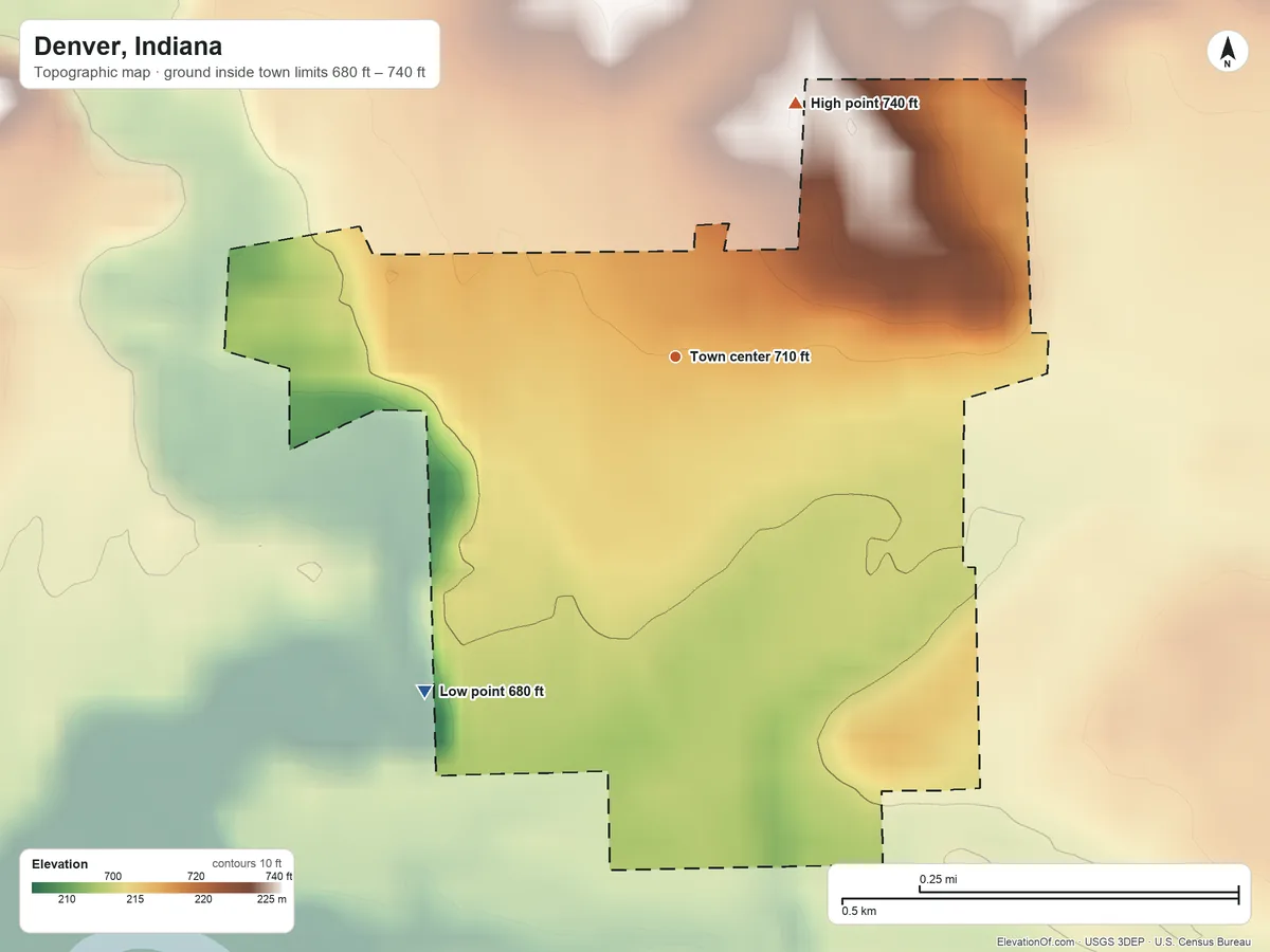 Topographic elevation map of Denver, Indiana, shaded from 680 ft on the southwest side to 740 ft on the northeast side