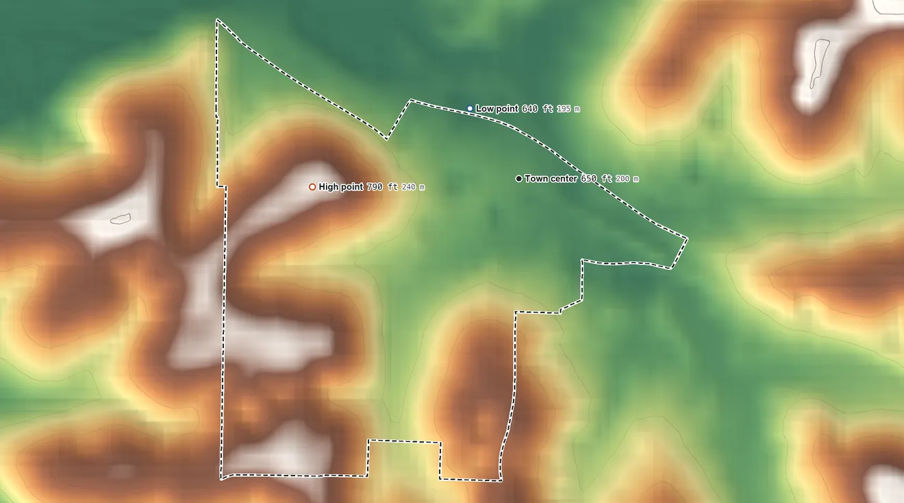Topographic elevation map of Depauw, Indiana, shaded from 640 ft on the northwest side to 790 ft on the west side
