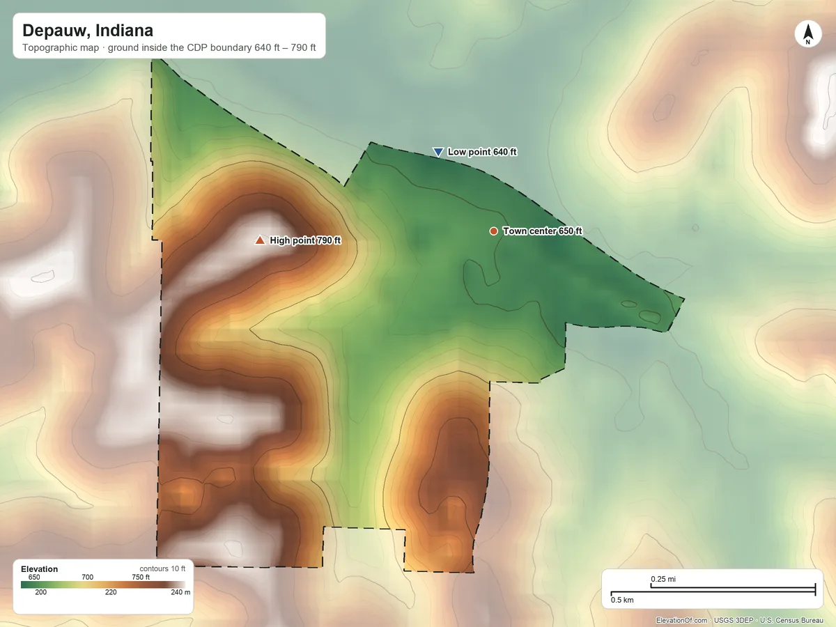 Topographic elevation map of Depauw, Indiana, shaded from 640 ft on the northwest side to 790 ft on the west side