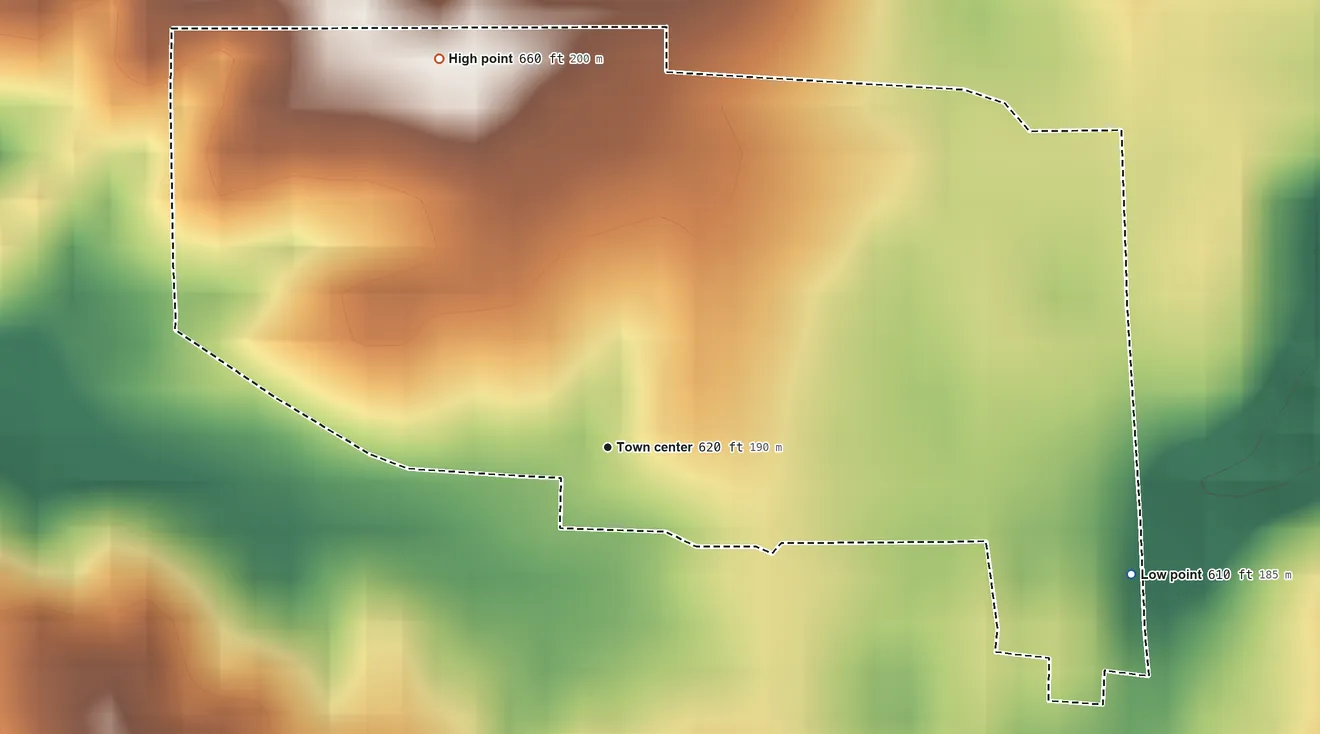 Topographic elevation map of Deputy, Indiana, shaded from 610 ft on the east side to 660 ft on the northwest side