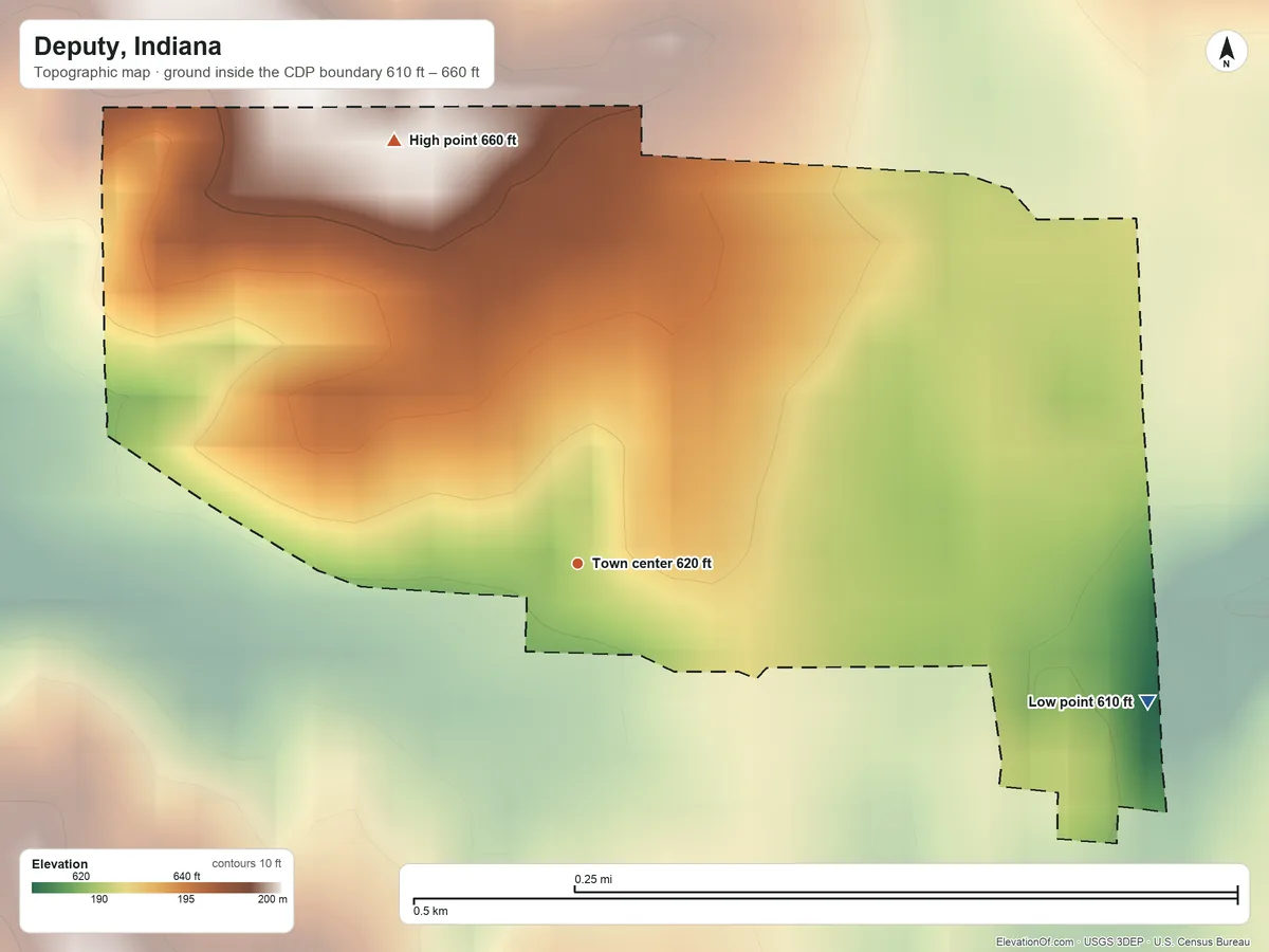 Topographic elevation map of Deputy, Indiana, shaded from 610 ft on the east side to 660 ft on the northwest side