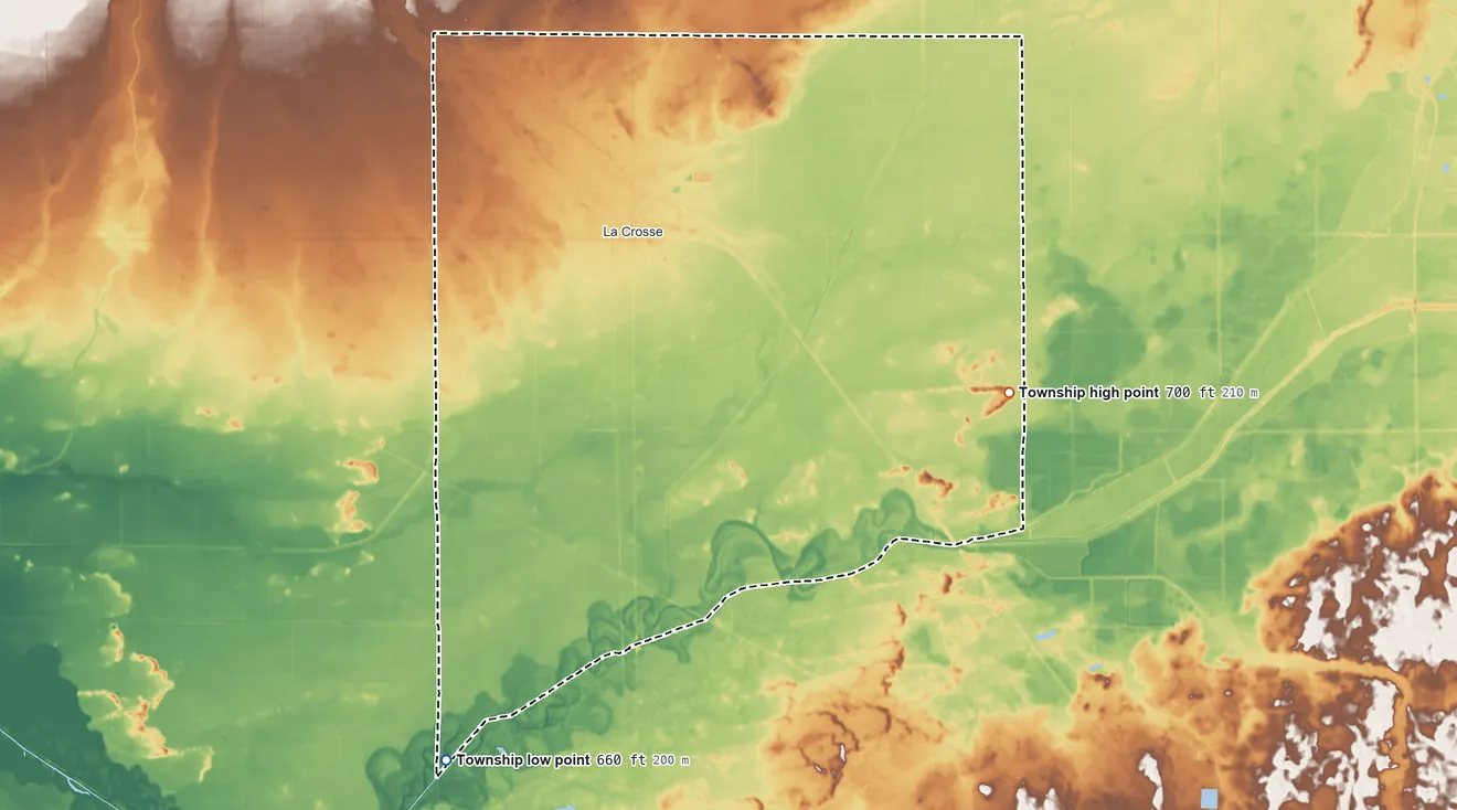 Topographic elevation map of Dewey Township, Indiana, shaded from 660 ft on the southwest side to 700 ft on the southeast side