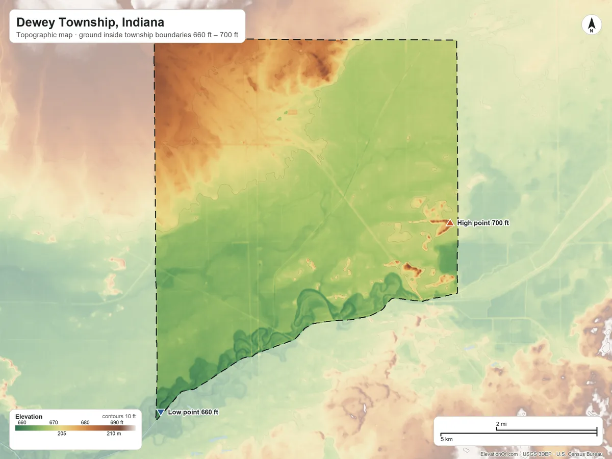 Topographic elevation map of Dewey Township, Indiana, shaded from 660 ft on the southwest side to 700 ft on the southeast side
