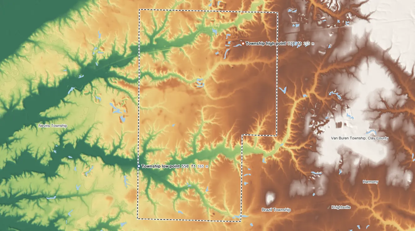 Topographic elevation map of Dick Johnson Township, Indiana, shaded from 550 ft on the southwest side to 710 ft on the northeast side