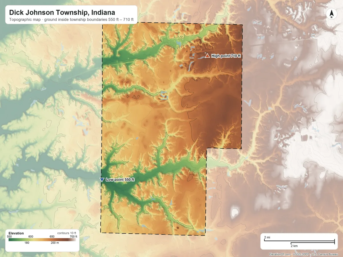 Topographic elevation map of Dick Johnson Township, Indiana, shaded from 550 ft on the southwest side to 710 ft on the northeast side