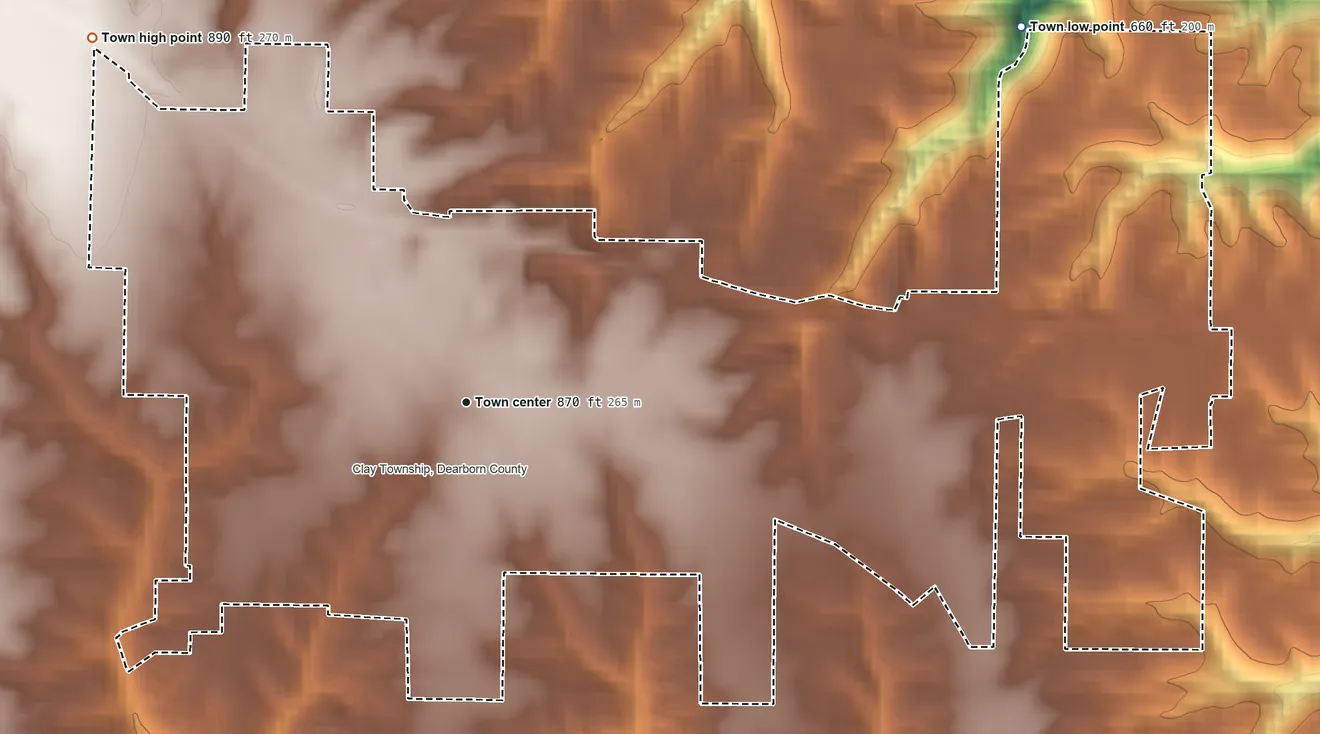 Topographic elevation map of Dillsboro, Indiana, shaded from 660 ft on the northeast side to 890 ft on the northwest side