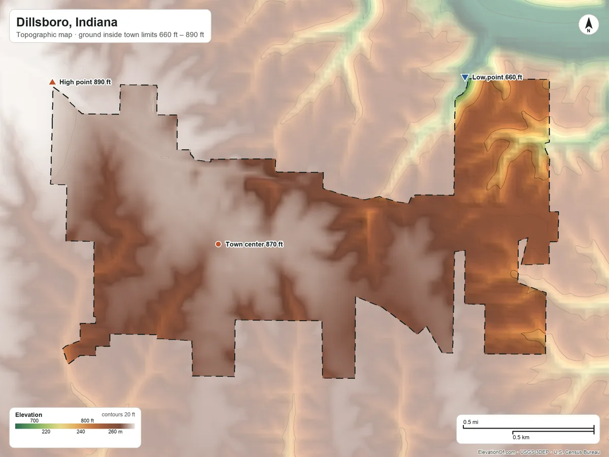 Topographic elevation map of Dillsboro, Indiana, shaded from 660 ft on the northeast side to 890 ft on the northwest side