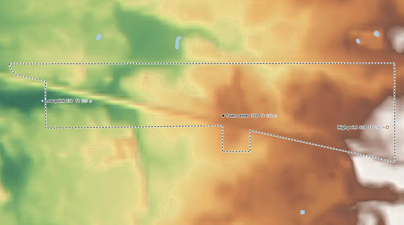 Topographic elevation map of Donaldson, Indiana, shaded from 730 ft on the west side to 810 ft on the east side