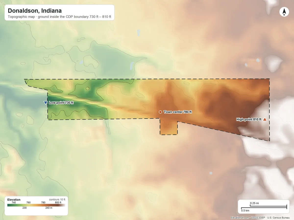 Topographic elevation map of Donaldson, Indiana, shaded from 730 ft on the west side to 810 ft on the east side