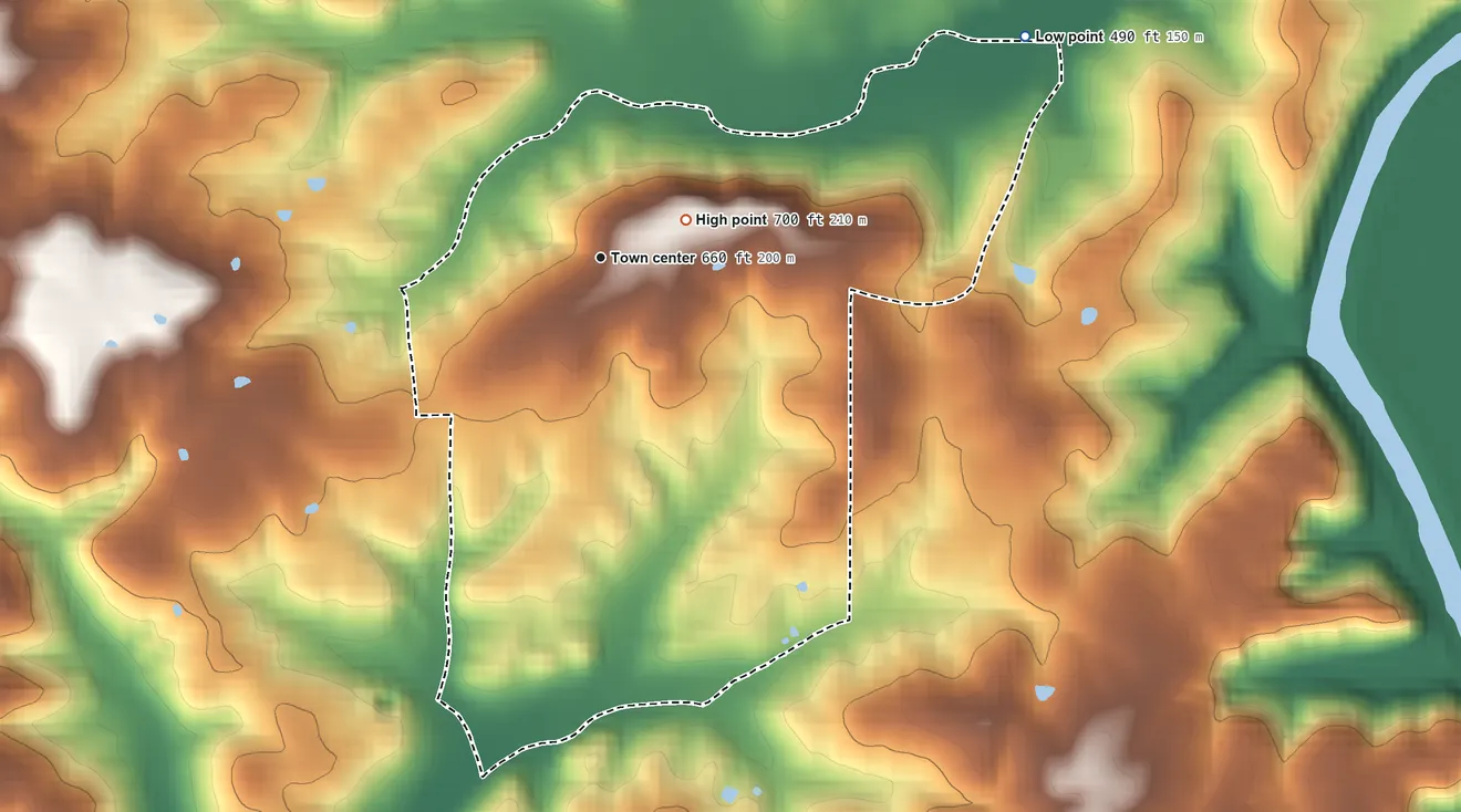 Topographic elevation map of Dover Hill, Indiana, shaded from 490 ft on the northeast side to 700 ft near the middle