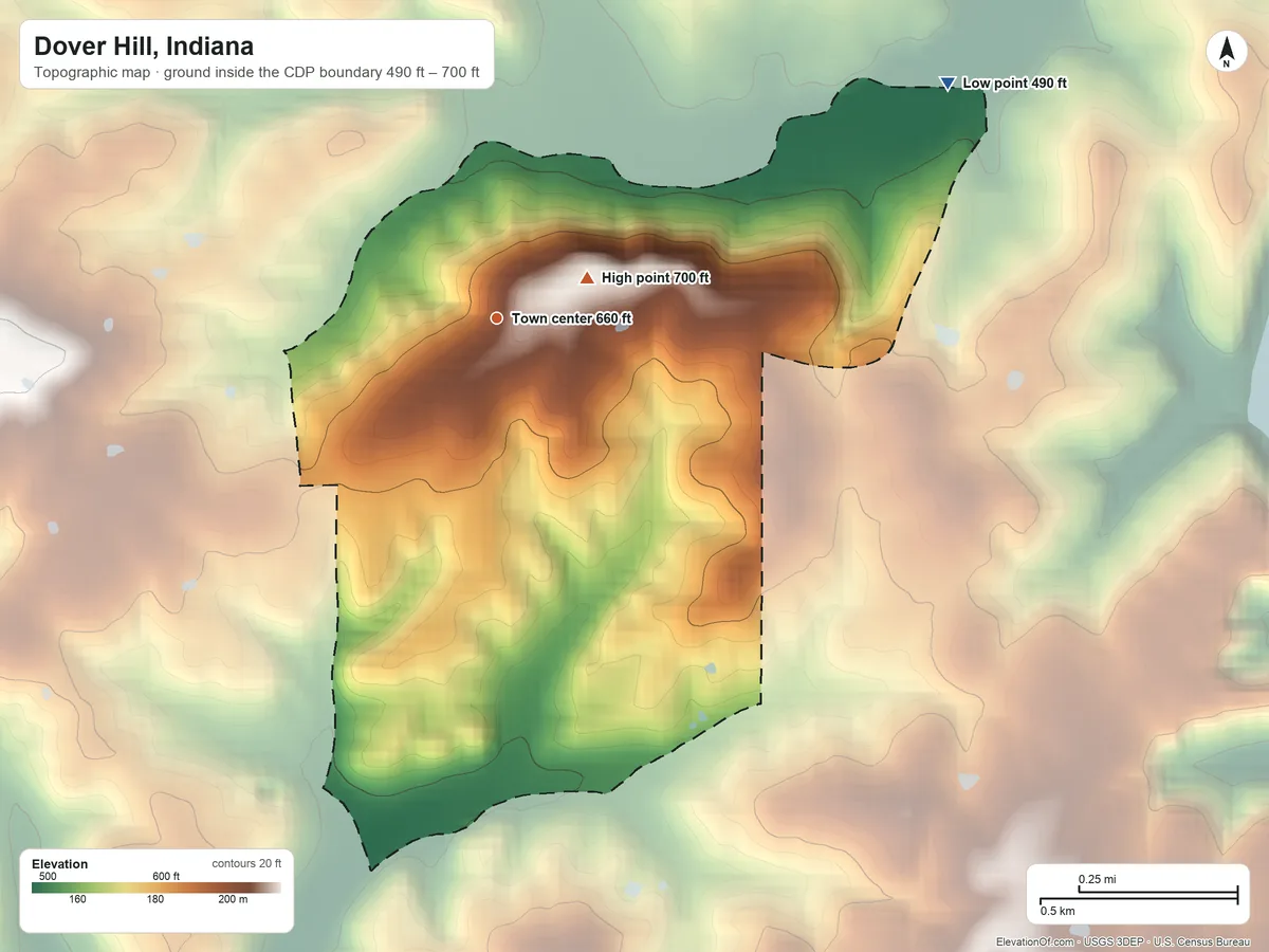 Topographic elevation map of Dover Hill, Indiana, shaded from 490 ft on the northeast side to 700 ft near the middle